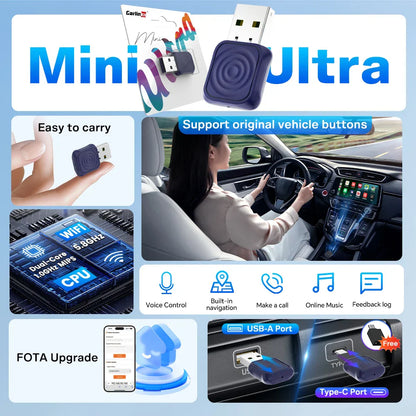 Dark blue plastic CarlinKit 5.0 mini ultra USB android auto wireless adapter with metallic silver connector for spotify music OEM usage