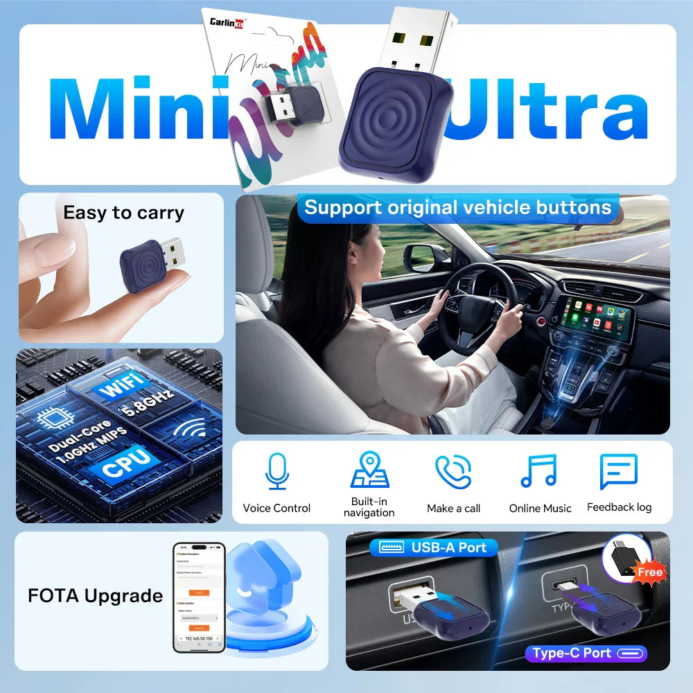 Dark blue plastic carlinkit 5.0 mini ultra usb wireless adapter with metallic connector for android auto wireless and spotify music oem