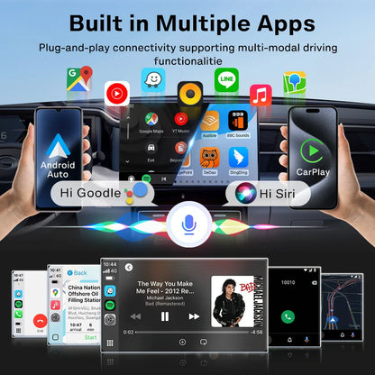 A sleek black car infotainment screen displaying android auto wireless and spotify music oem via carlinkit 5.0 mini dongle