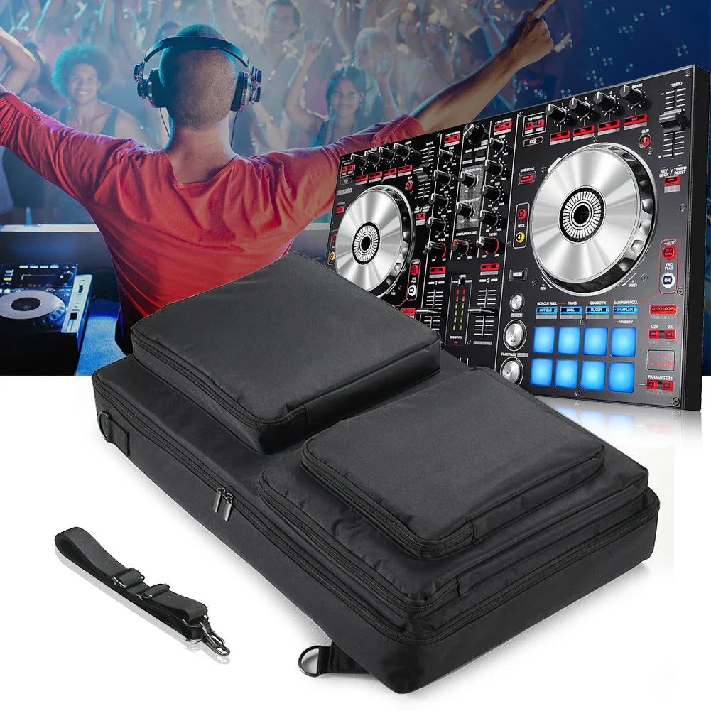 Black padded carrying case shoulder bag with two zippered compartments for pioneer ddj-sr2 and native instruments kontrol s4 mk3