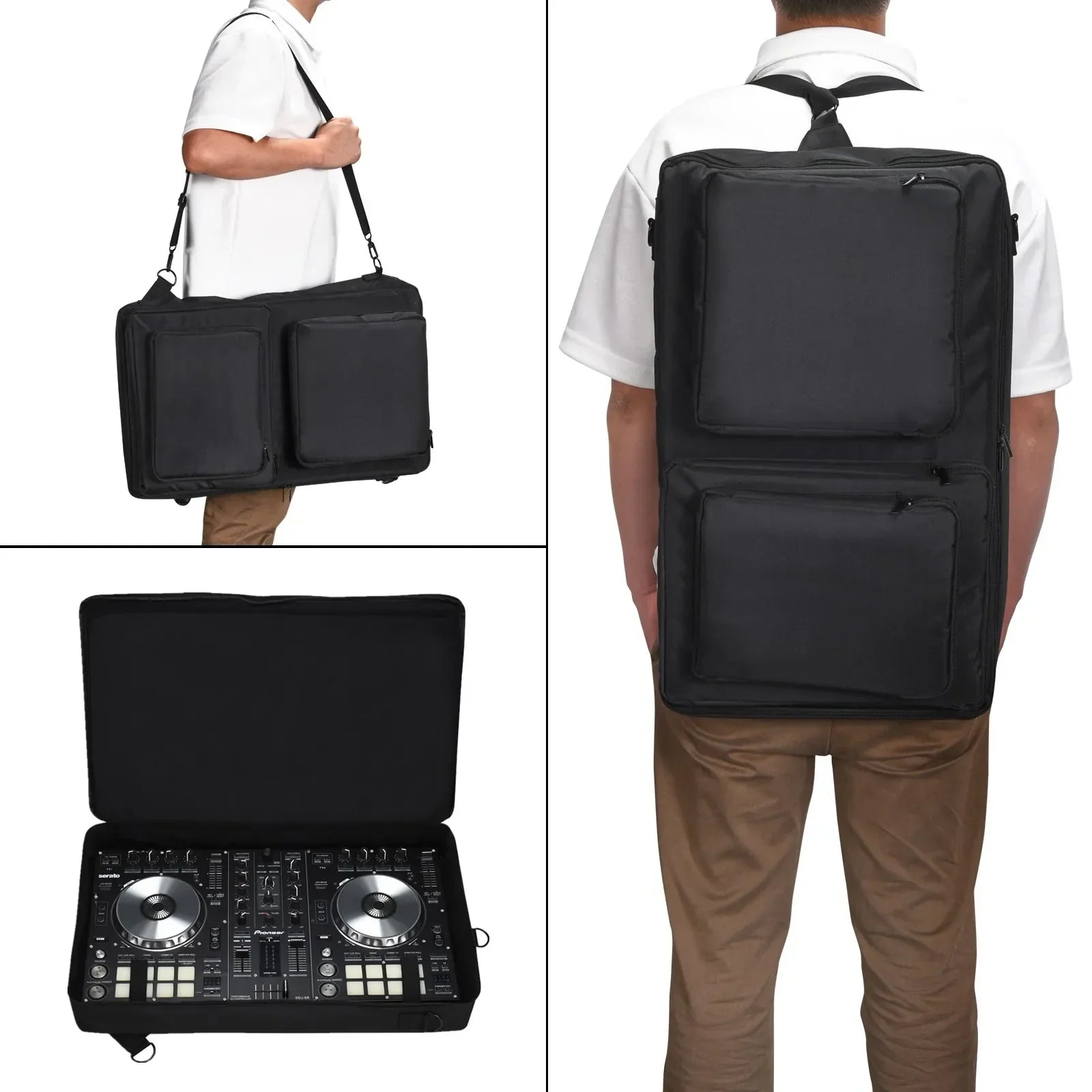 Black padded backpack carrying case with multiple compartments for pioneer ddj-sr2 and native instruments traktor kontrol s4 mk3