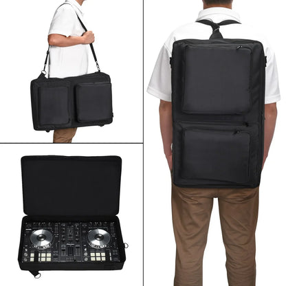 Black padded backpack carrying case with multiple compartments for pioneer ddj-sr2 and native instruments traktor kontrol s4 mk3