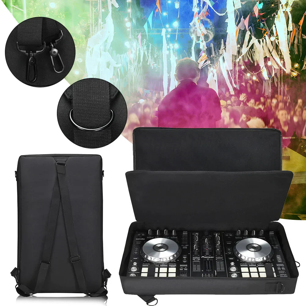 Black padded backpack carrying case with adjustable straps and metal hardware for pioneer ddj-sr2 and native instruments traktor kontrol s4 mk3