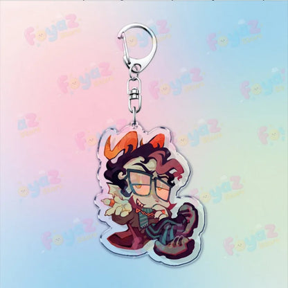 Clear acrylic cartoon homestuck keychain with orange and brown hair glasses and red bowtie charms dave strider karkat gamer keyrings