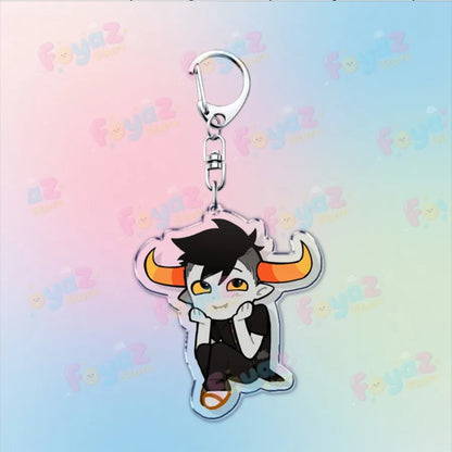 Clear acrylic cartoon Homestuck keychain featuring karkat gamer keyrings with black hair orange horns and yellow eyes