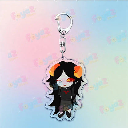 Clear acrylic cartoon homestuck keychain featuring chibi karkat gamer keyrings with black hair orange horns and dark outfit
