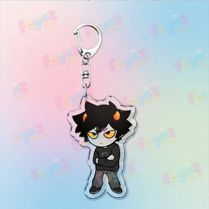 Clear acrylic cartoon homestuck keychain featuring chibi karkat gamer keyrings with black hair orange horns and yellow eyes