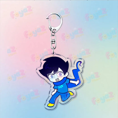 Blue and yellow cartoon homestuck keychain with clear acrylic body featuring charms dave strider and karkat gamer keyrings