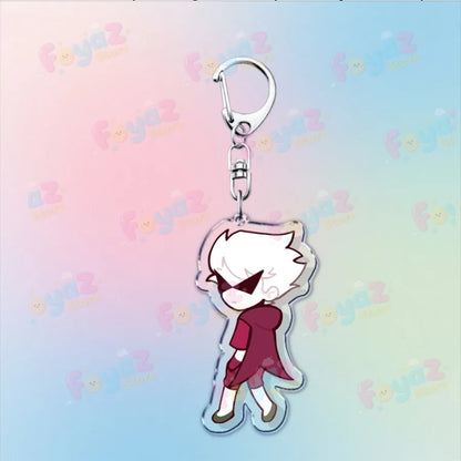 Clear acrylic cartoon homestuck keychain featuring chibi white hair character with black sunglasses red outfit charms dave strider karkat gamer keyrings
