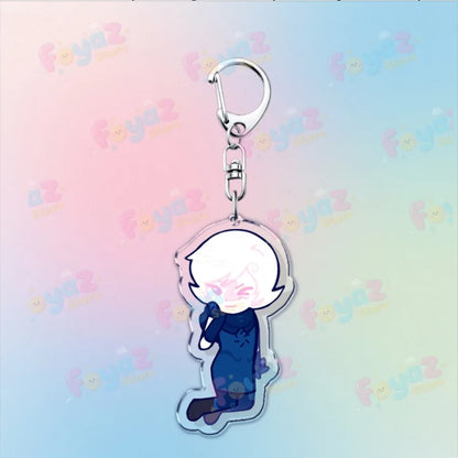 Clear acrylic cartoon homestuck keychain featuring chibi white hair character with blue outfit and silver clasp charm