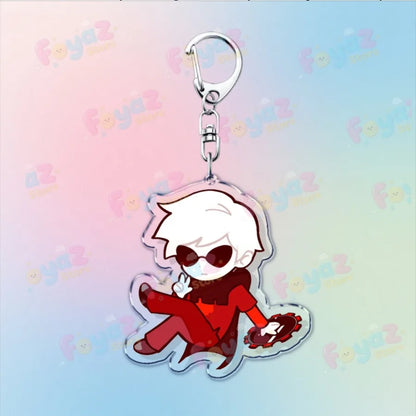 Clear acrylic cartoon homestuck keychain featuring chibi dave strider with white hair red sunglasses and red outfit charm