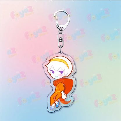 Clear acrylic cartoon homestuck keychain with chibi white hair character in orange outfit for charms dave strider fans