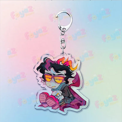 Colorful acrylic cartoon homestuck keychain featuring a black-haired character with orange sunglasses and a purple cape