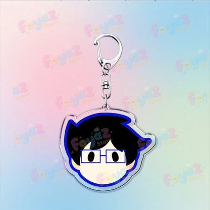 Clear acrylic cartoon homestuck keychain featuring blue outlined dave strider charms and karkat gamer keyrings design