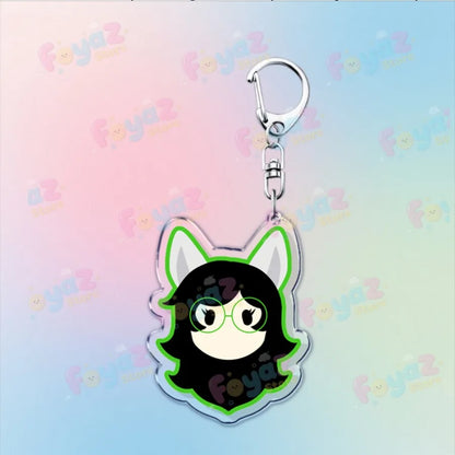 Clear acrylic cartoon homestuck keychain with black hair, green-rimmed glasses, and neon cat ears charm for karkat gamer keyrings