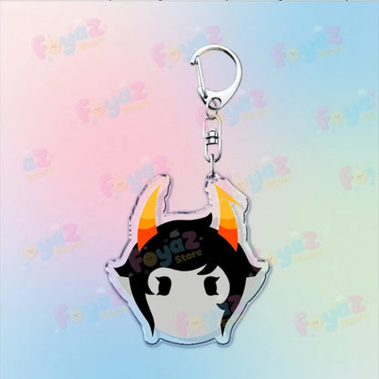 Clear acrylic cartoon homestuck keychain featuring karkat gamer keyrings with black hair and orange yellow horns attached to silver clip