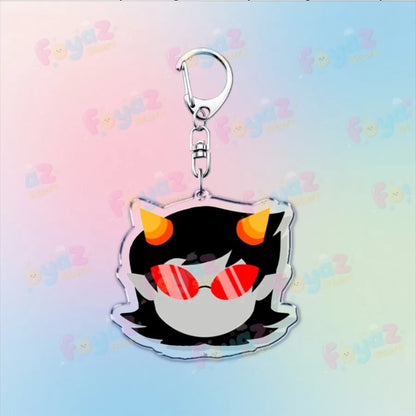 Clear acrylic cartoon homestuck keychain featuring karkat gamer keyrings design with black hair orange horns and red sunglasses
