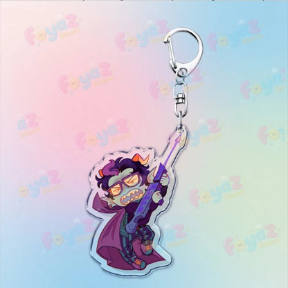 Purple-accented acrylic cartoon homestuck keychain featuring a zombie with orange glasses holding a purple rifle for karkat gamer keyrings