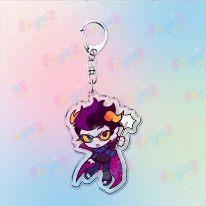 A translucent acrylic cartoon homestuck keychain featuring a chibi karkat gamer keyrings with purple hair and magenta cape