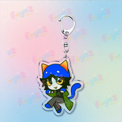Clear acrylic cartoon homestuck keychain featuring a chibi cat with blue hair orange-tipped ears green coat charms dave strider karkat gamer keyrings