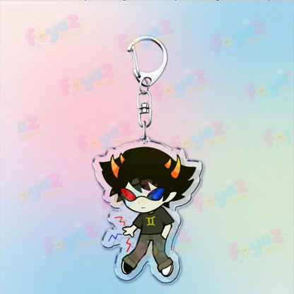 Clear acrylic cartoon homestuck keychain featuring chibi karkat gamer keyrings with black hair and orange horns charm
