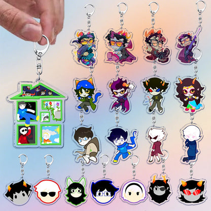 Clear acrylic cartoon homestuck keychain with colorful dave strider charms and karkat gamer keyrings house-shaped charm