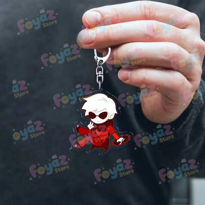 Red and white cartoon homestuck keychain made of clear acrylic featuring black sunglasses and a red cape charm karkat gamer keyrings