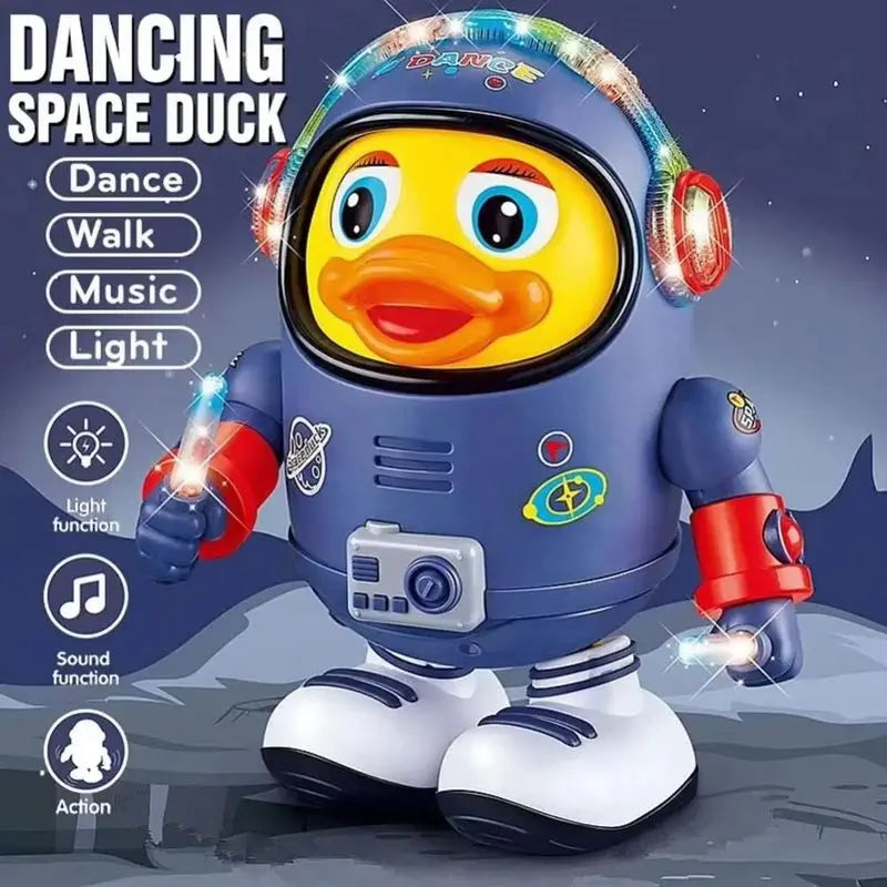 A cheerful yellow duck toy in blue astronaut suit with flashing lights holding sparklers musical interactive educational toy