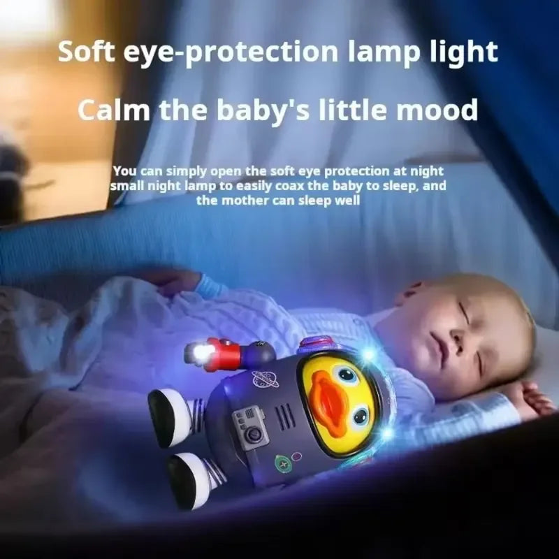 A plush duck-shaped robot night light with soft blue glow yellow face and purple body dancing colorful flashing interactive educational toy