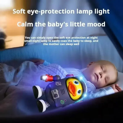 A plush duck-shaped robot night light with soft blue glow yellow face and purple body dancing colorful flashing interactive educational toy