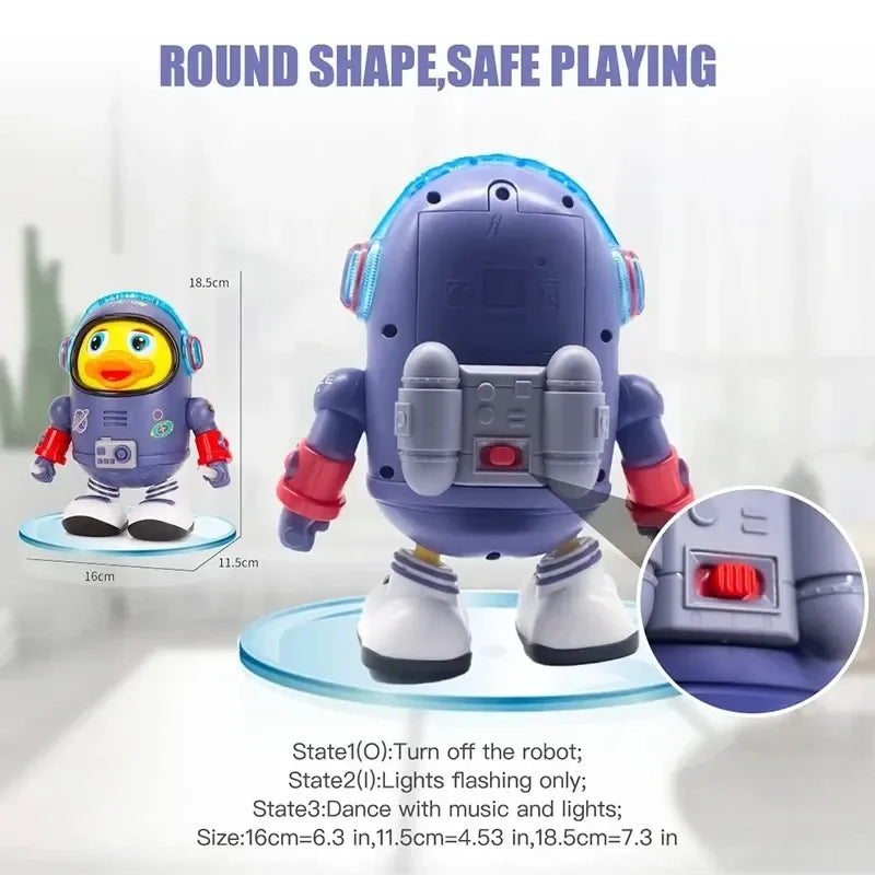 Purple and blue astronaut robot toy with red accents white boots and dome helmet musical interactive educational toy