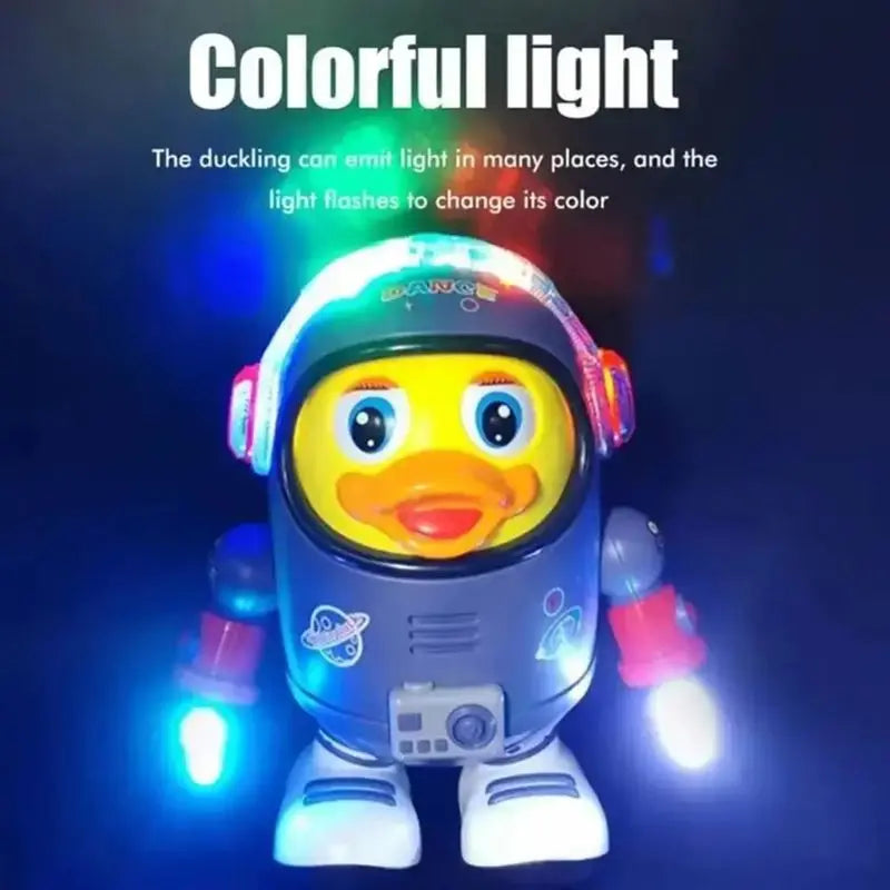 A yellow duckling in a gray astronaut suit with dancing colorful flashing lights in a musical interactive educational toy