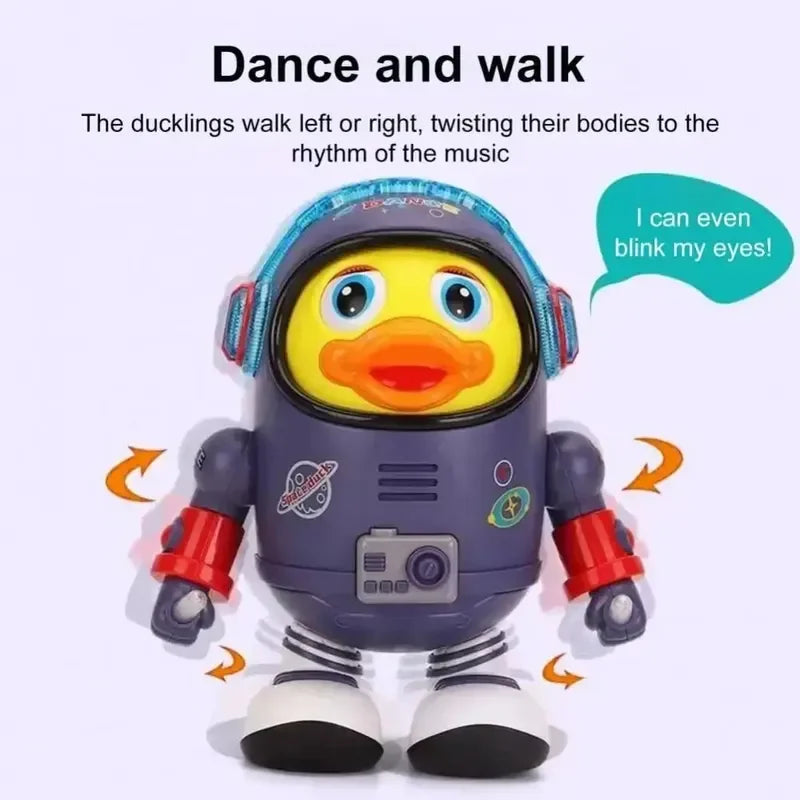 A charming yellow duckling dressed in a purple astronaut suit is a musical interactive educational toy with dancing colorful flashing features