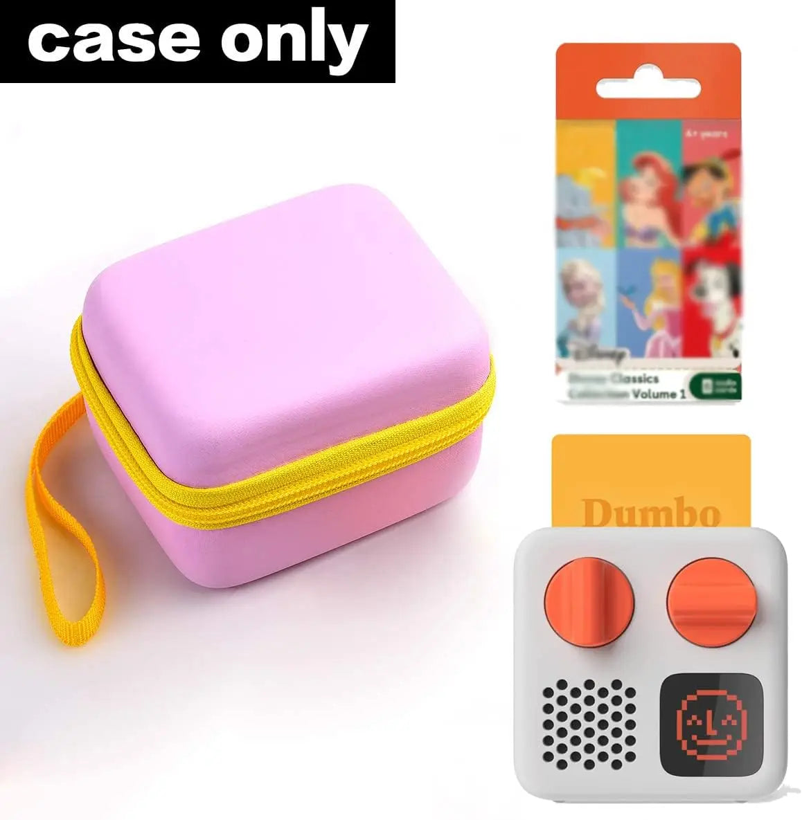 Pink hard-shell storage holder carrying case with yellow zipper and handle compatible with yoto mini player and plays audiobook card
