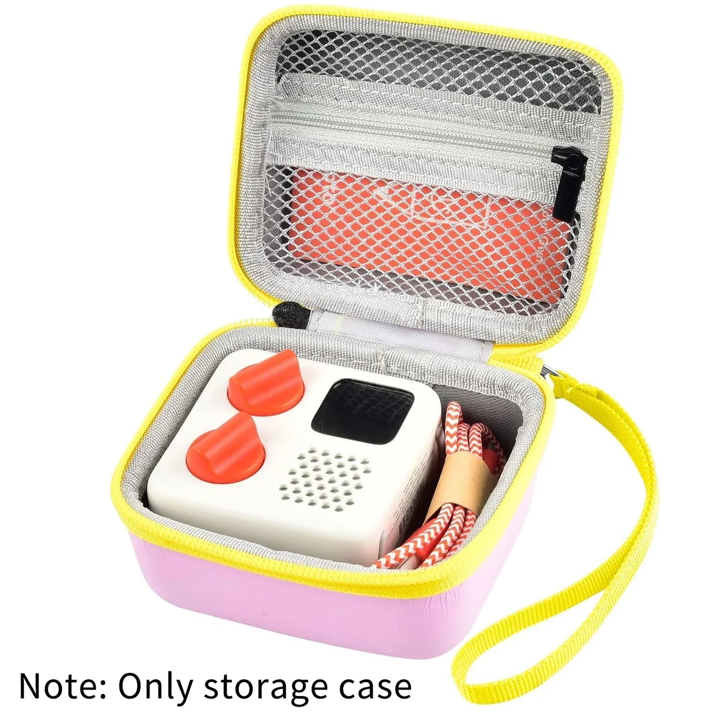 Pink and yellow protective storage holder carrying case with mesh lining for yoto mini player plays audiobook card