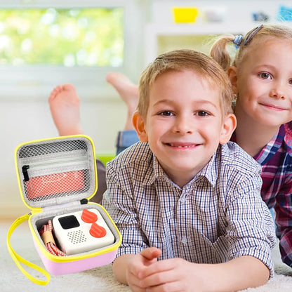Pink and yellow protective storage holder carrying case for yoto mini player with white toy camera and orange buttons