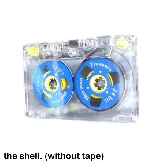 Clear plastic cassette blank tape with blue spools and yellow accents for 45 minutes magnetic audio music recording w6a9