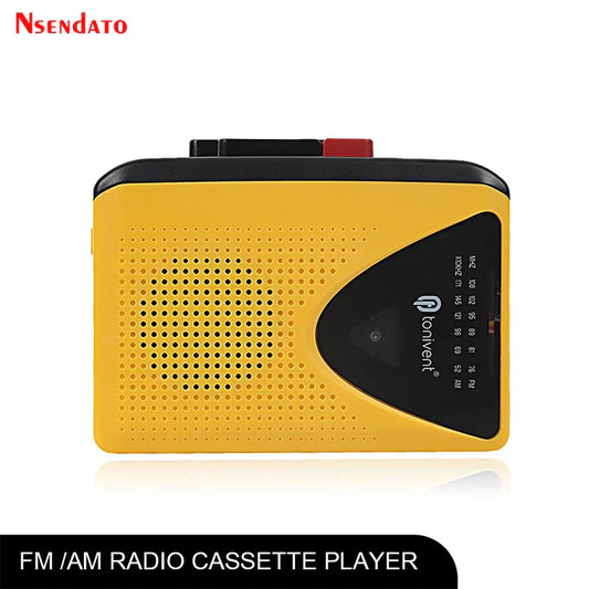 Yellow and black cassette tape player with perforated front panel broadcasting radio cassette and tape player converter