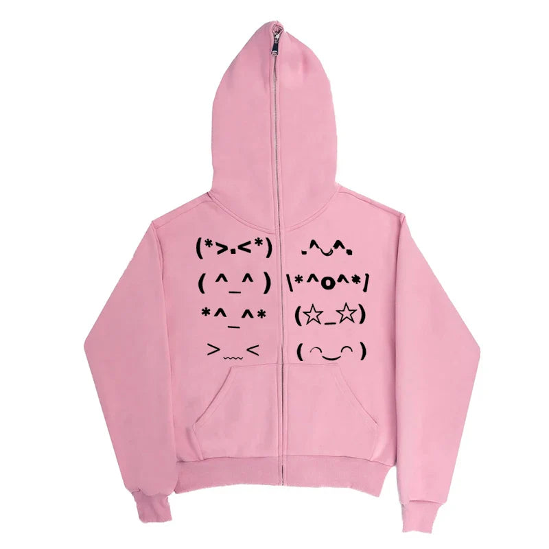 Back of pink zip-up hoodie with playful black doodled emoji faces featuring faur collar harajuku punk emo y2k style vintage rock goth