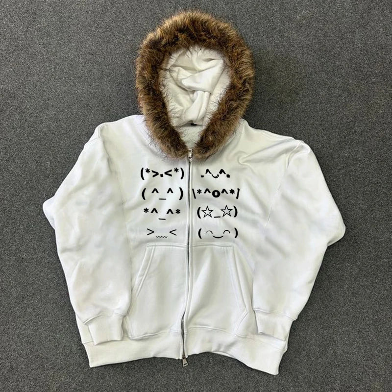 White zip up hoodie with brown faux fur collar and black embroidered smiley faces for punk emo y2k style
