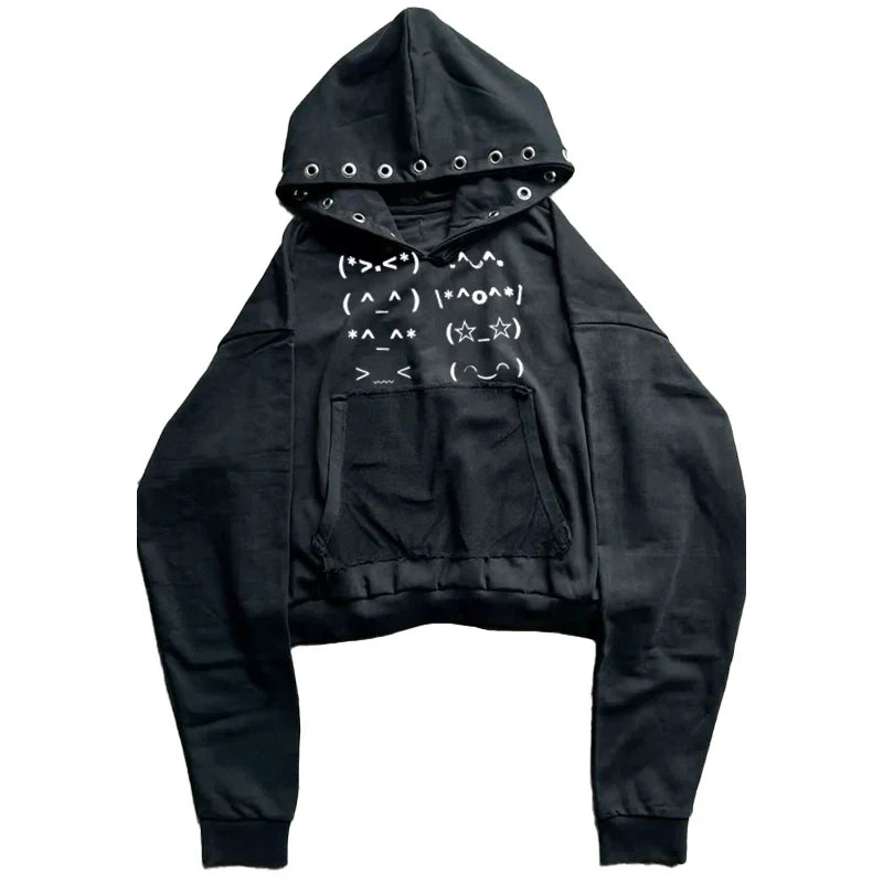 Black cropped hoodie with white emoji graphics and silver grommets, vintage rock goth faur collar harajuku punk emo y2k style
