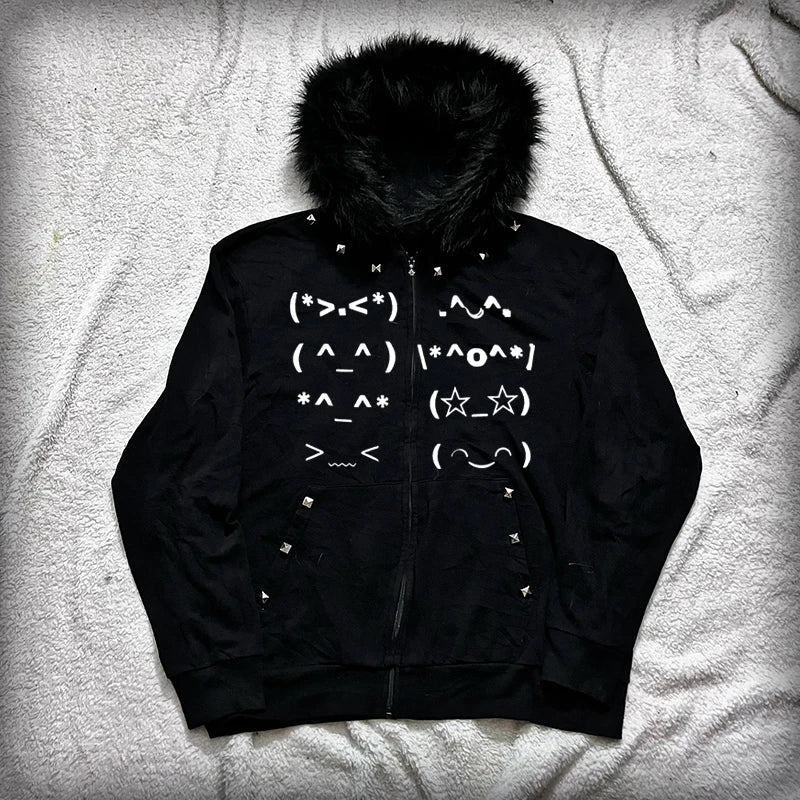 Black zip-up hoodie with fluffy faur collar harajuku fur-lined hood white emoji graphics and silver stud accents vintage rock goth punk emo y2k style