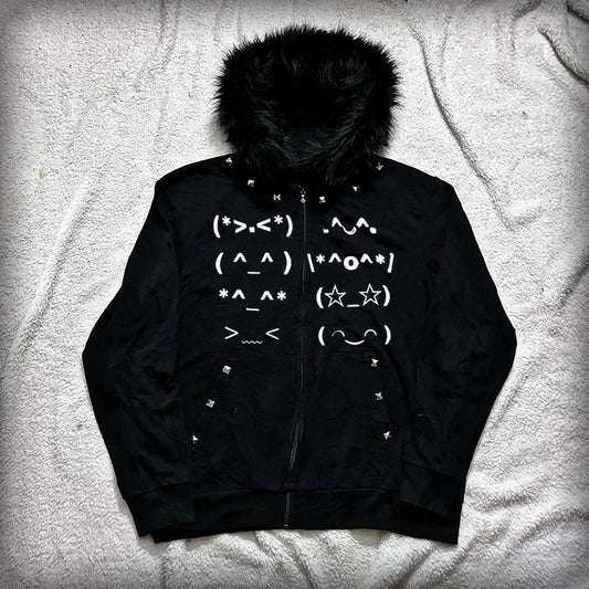 Black zip-up hoodie with fluffy faur collar harajuku fur-lined hood white emoji graphics and silver stud accents vintage rock goth punk emo y2k style
