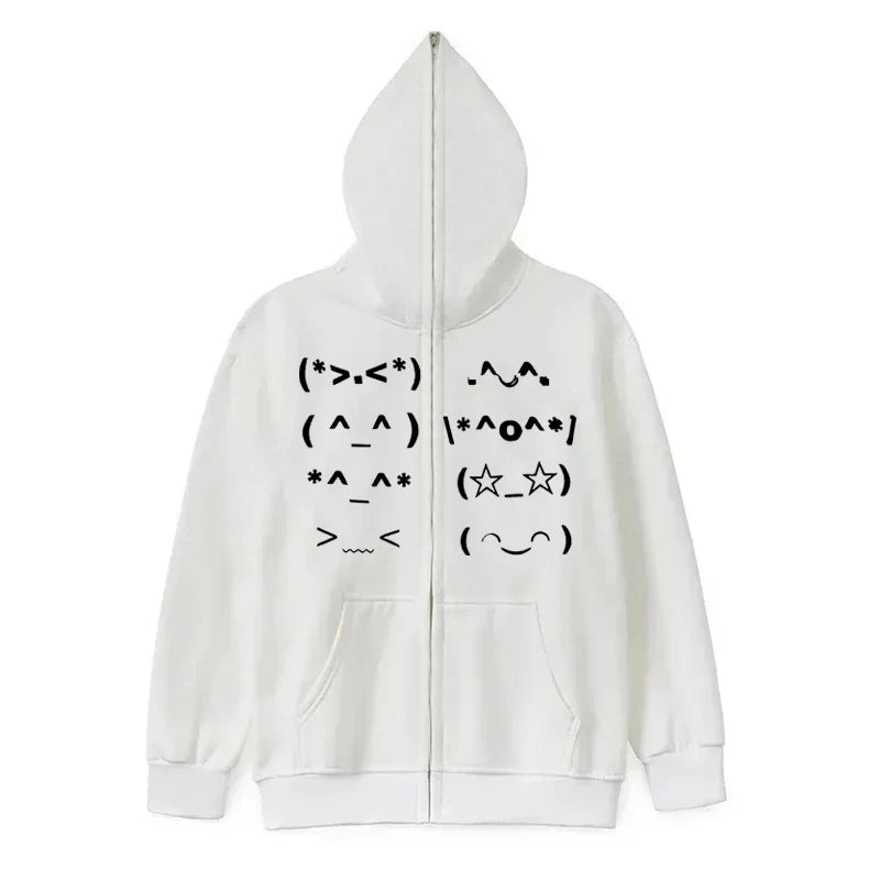 White zip-up hoodie with black doodle emoji faces featuring punk emo y2k and vintage rock goth faur collar harajuku style