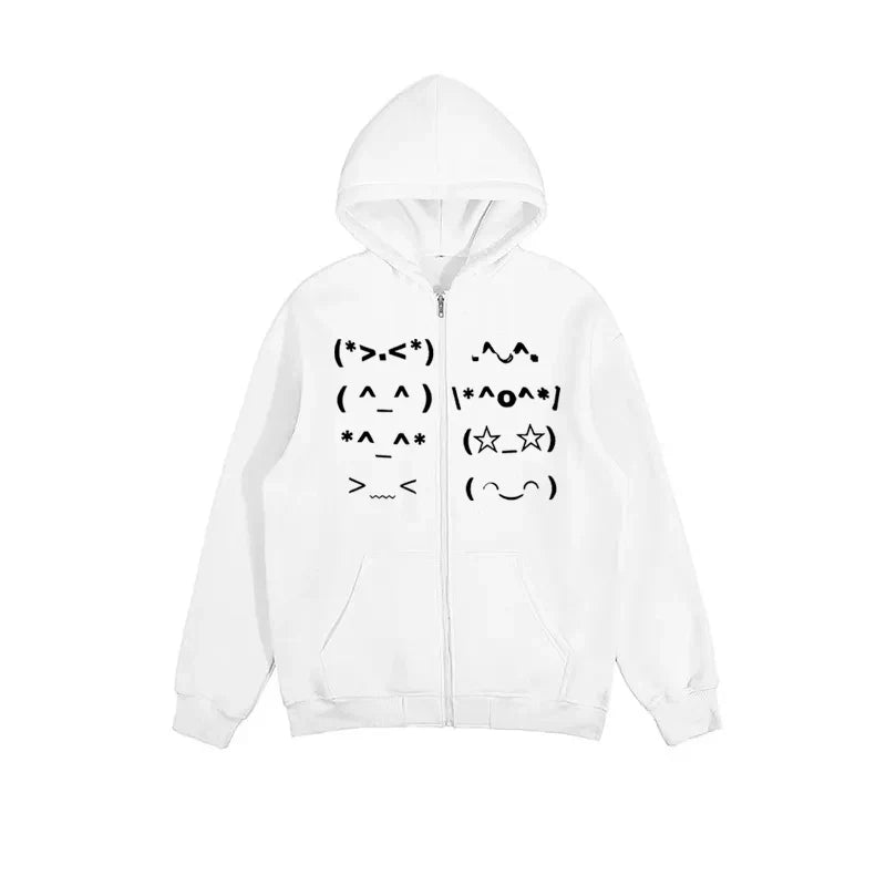 White zip-up hoodie with faur collar harajuku style featuring playful black emoji faces for punk emo y2k vintage rock goth look