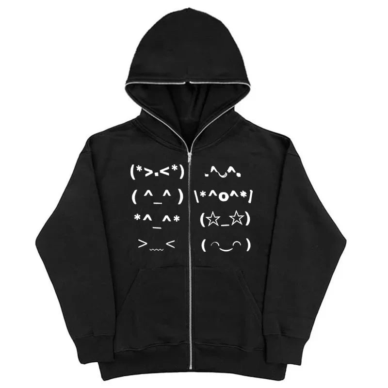 Black zip-up hoodie with playful white emoji faces on chest featuring faur collar harajuku punk emo y2k style