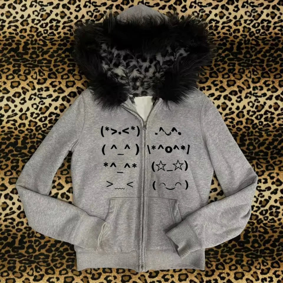 Gray zip up hoodie with black fur lined hood and playful hand drawn emoji faces in punk emo y2k faur collar harajuku style