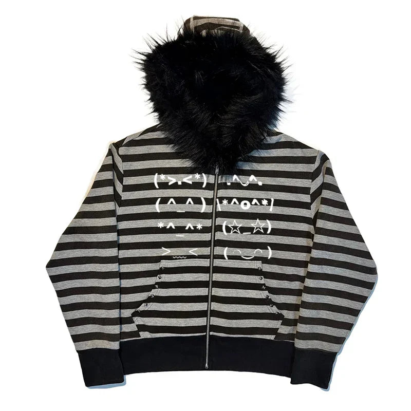 Black and gray striped zip-up hoodie with fluffy black faur collar harajuku hood and white vintage rock goth symbols