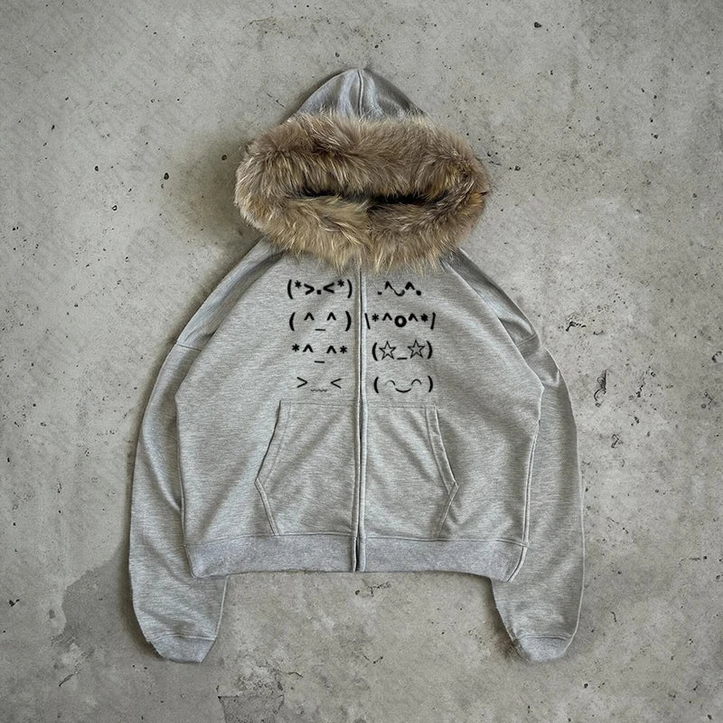 Gray zip-up hoodie with fluffy brown faur collar harajuku hood and black hand-drawn punk emo y2k graphics front