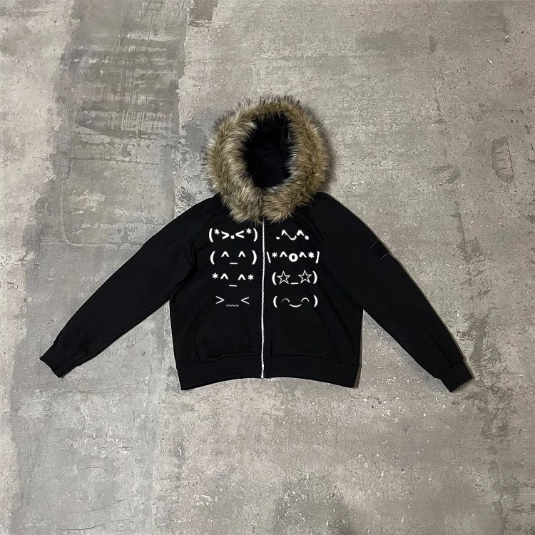 Black zip-up hoodie with faux fur collar and white emoji graphics featuring punk emo y2k vintage rock goth style